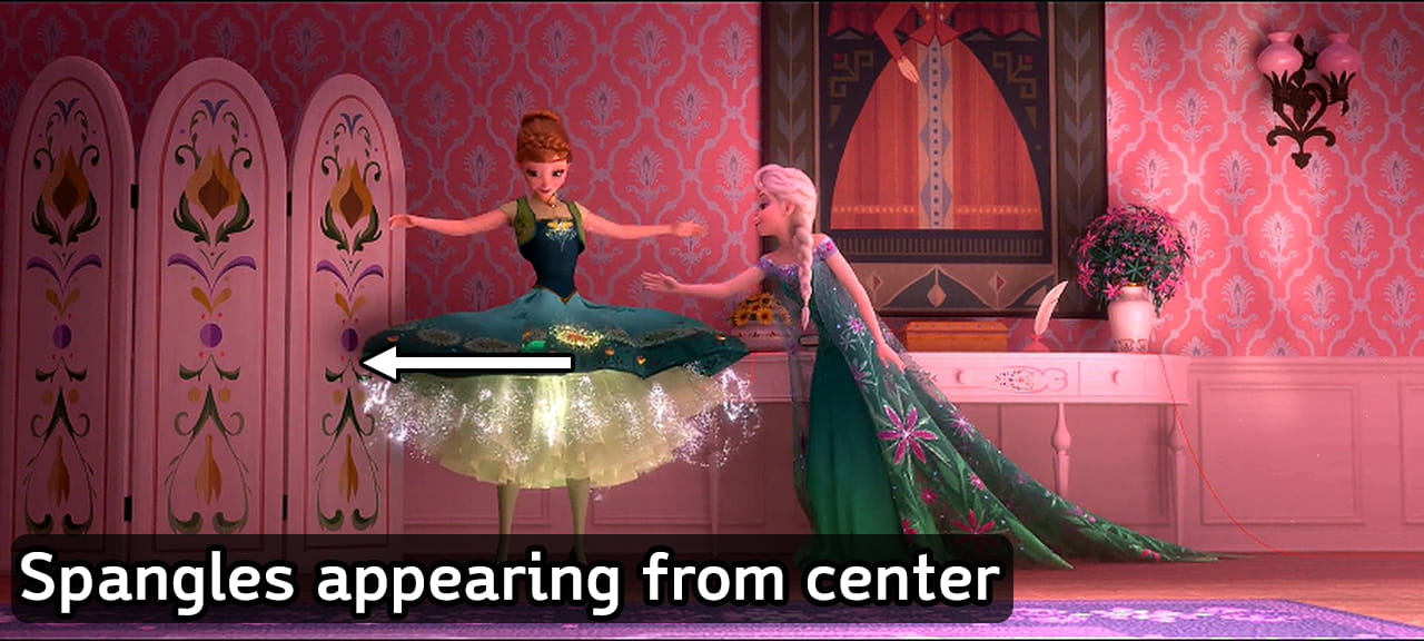 Elsa adding spangles to Anna&rsquo;s dress