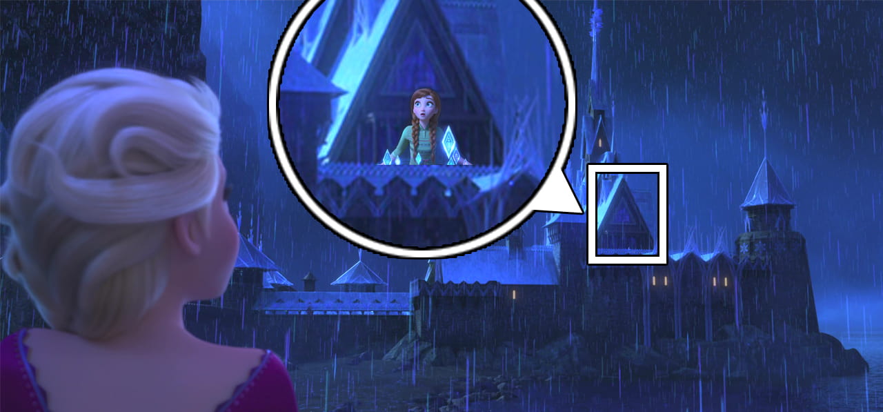 Elsa staring at Anna on the castle balcony