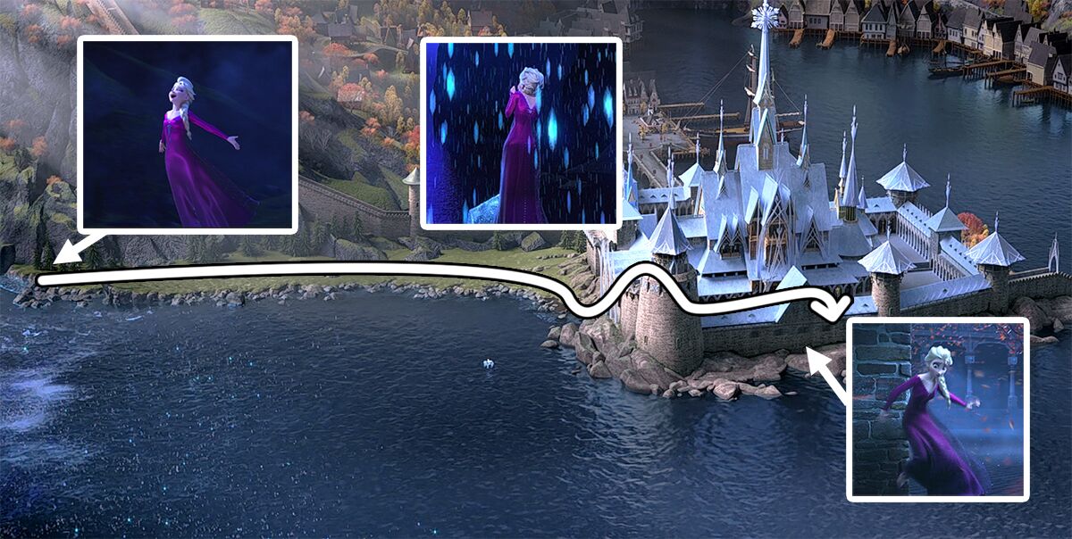 total route for Elsa after into the unknown scene