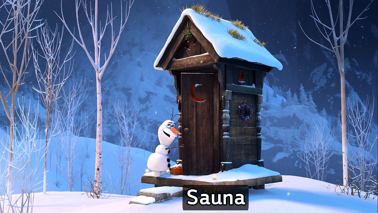 Olaf leaving the fruitcake at the sauna