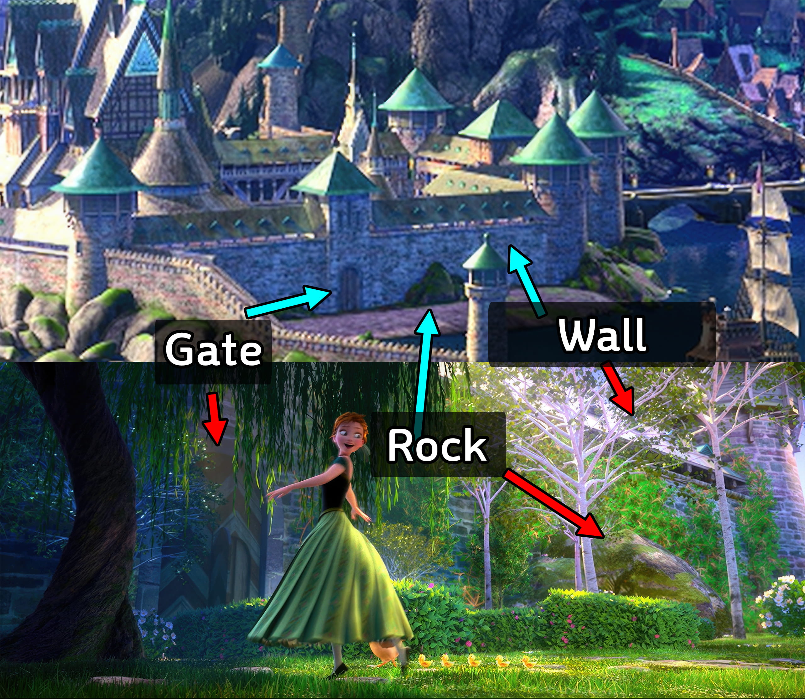 Comparison of the vacant lot and garden in the south of Arendelle Castle