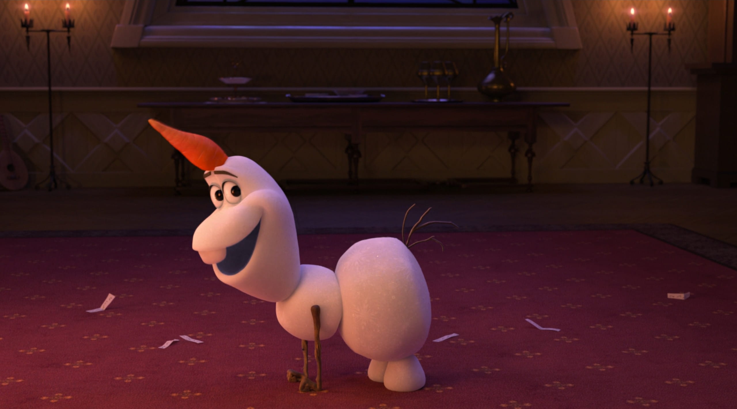 Olaf rearranging his body to unicorn