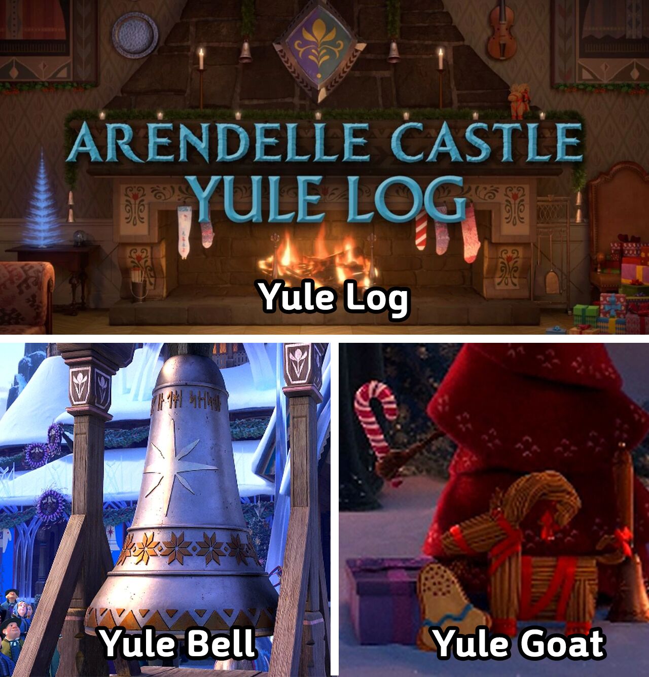 올벤처 속 등장하는 yule bell, yule log, yule goat의 모습